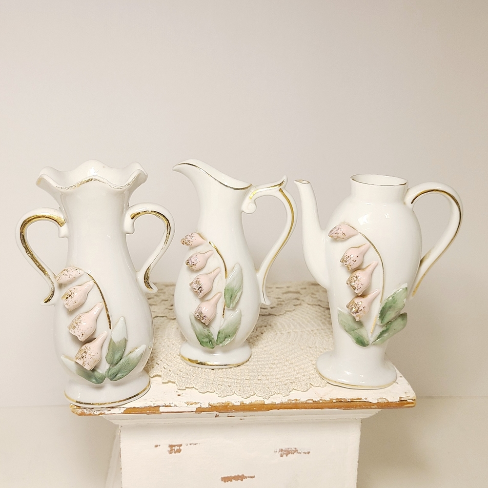 3 Vintage UCAGCO BUD VASE with Lily of the Valley Flowers circa 1946-1956